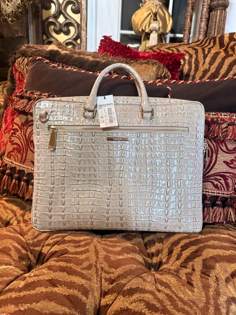 Brahmin Ivory Croc-Embossed Leather Briefcase